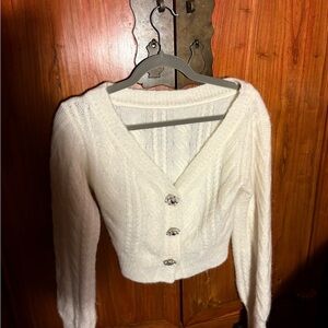 Jacquemus (French) white cropped fuzzy Cable Knit Cardigan with sparkly buttons.
